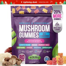 Nature Ashwagandha, Reishi, Lions Mane, Shiitake, Cordyceps, Turkey Tail, Maitake, Chaga Supplement Gummies - Mixed Fruits, 80 Gummies